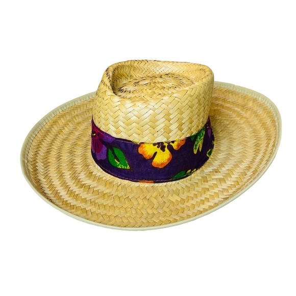 Men's Straw Gambler Hat with Tropical Print Band - Picture 1 of 10